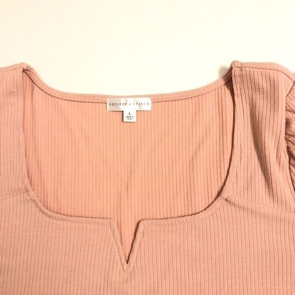 SOCIETY STITCH blush Pink ribbed Crop low cut Top t shirt balloon puff sleeve-L - Picture 7 of 8